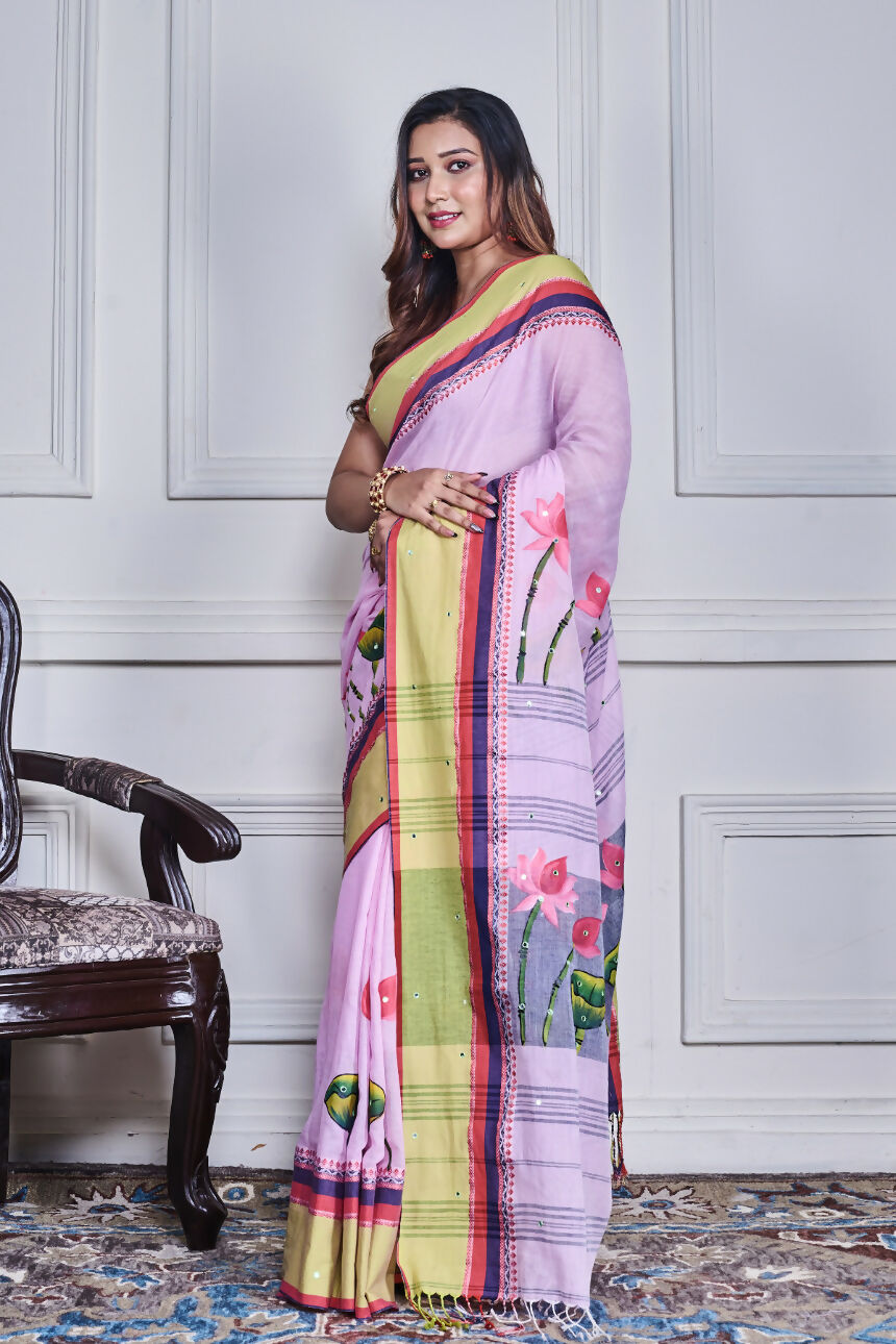 Morchari Multicolour Cotton Handloom Mirror Work Saree Unstitched Blouse - Distacart