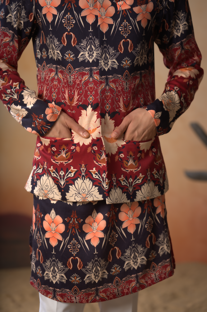 Blossom Print Cotton Nehru Jacket Set by Hilo Design