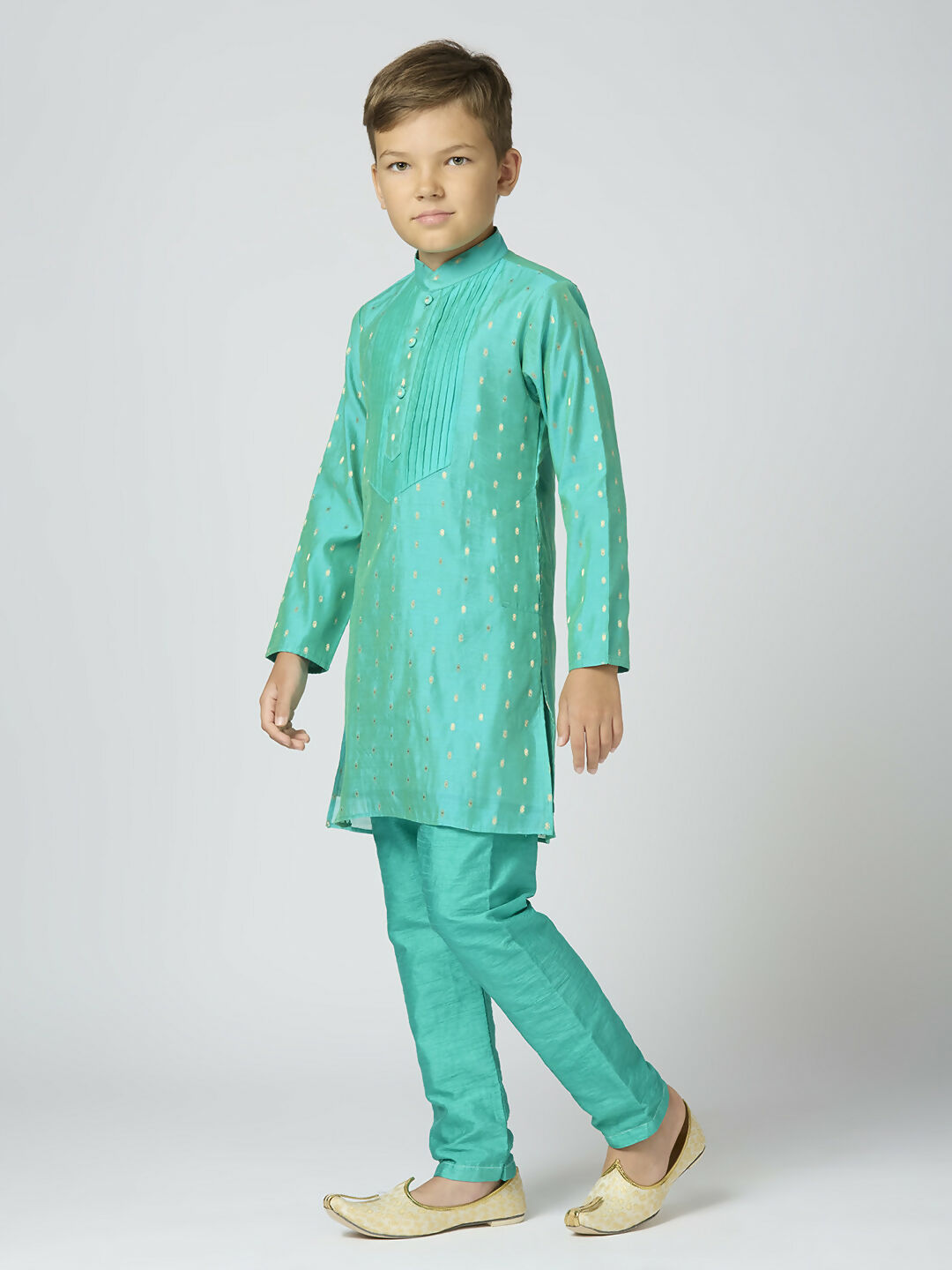 Joban Fashion Kids Island Full Sleeves Chanderi Kurta, Pyjama Set with Traditional Butta Work - Sea Green