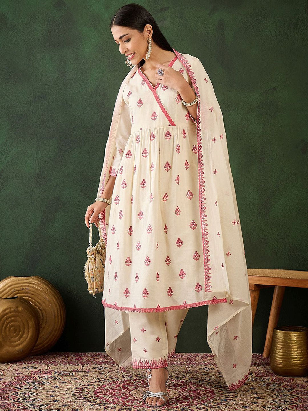 Sangria Off White Floral Embroidered Pure Cotton Mirror Work Kurta & Trouser With Dupatta