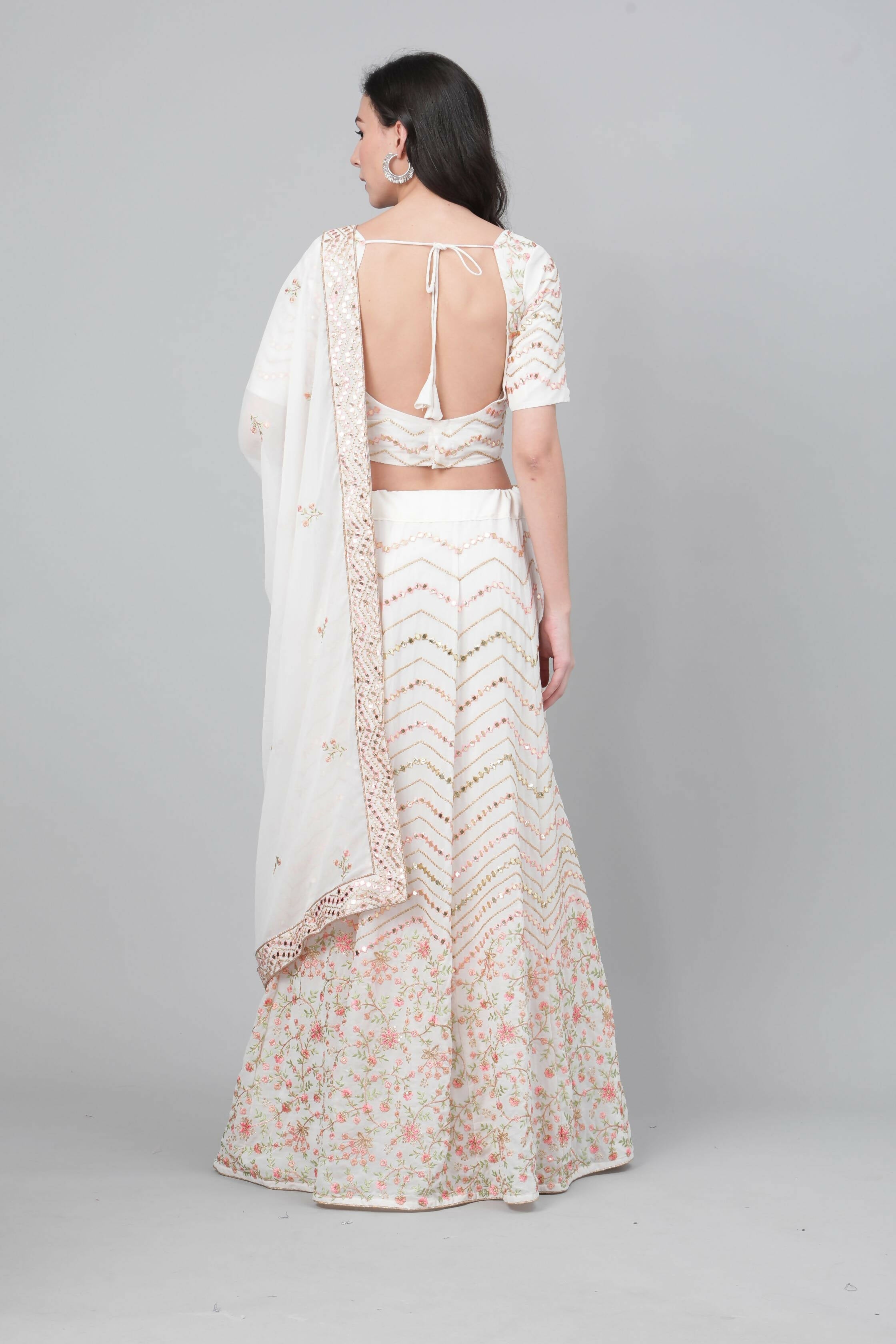 Pearl White Georgette Sequins Embroidery with Mirror work Lehenga Choli with Dupatta - Jivika