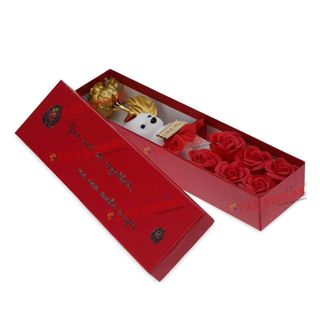 Tied Ribbons Rose Flower Artificial With Teddy - Valentines Day Gift Box