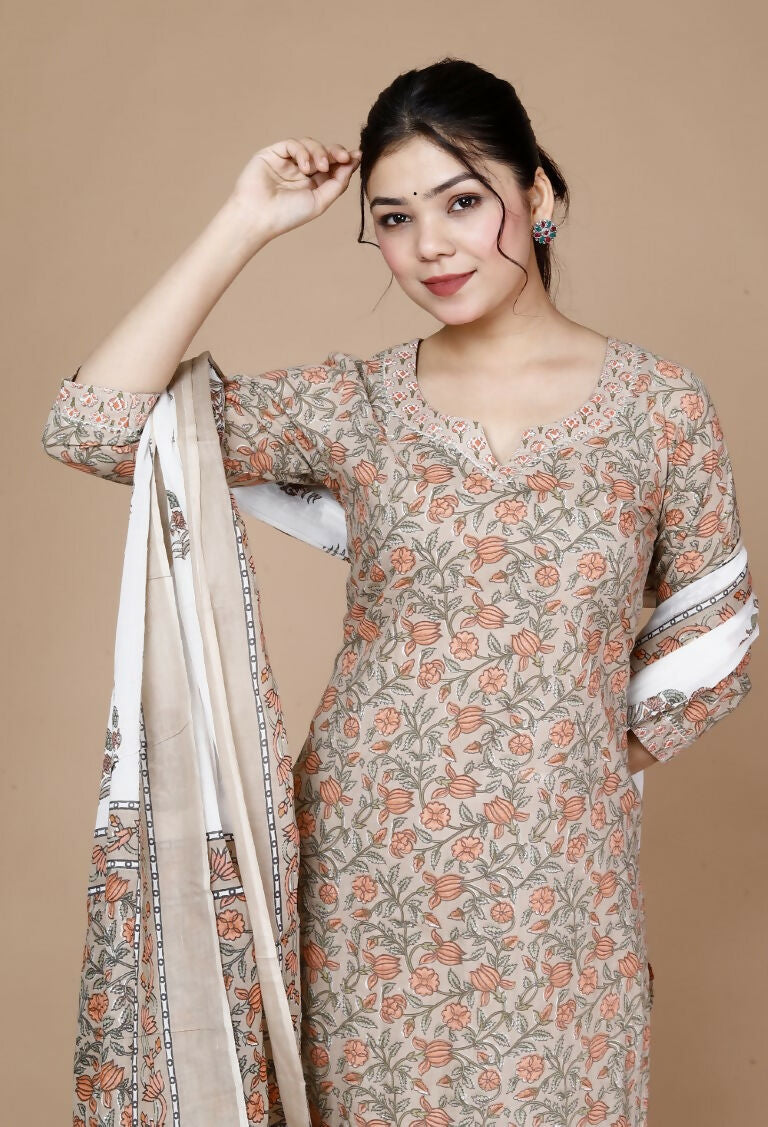 Miravan Women's Brown Floral Printed Gotta Patti Kurta With Palazzo And Dupatta Set