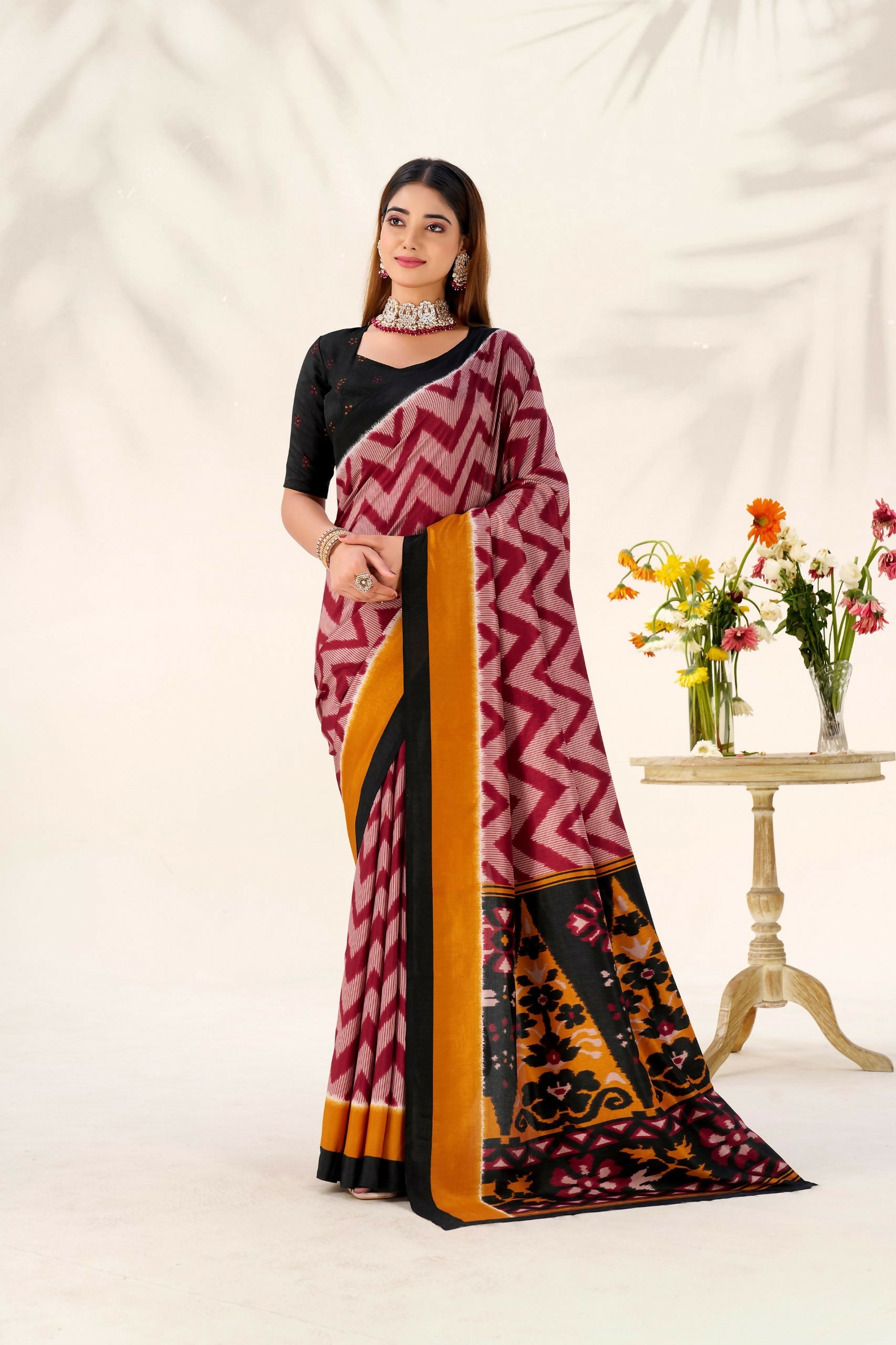 Vastranavya Maroon Tussar Silk Zigzag Waves Printed Saree with Unstitched Blouse - Distacart