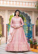 Functional Designer Off White-Light Pink Dola Silk Anarkali suit with Dupatta - Ramya