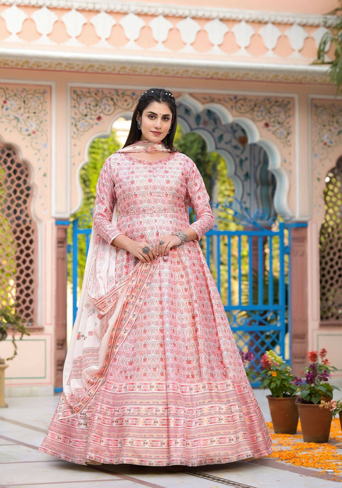 Functional Designer Off White-Light Pink Dola Silk Anarkali suit with Dupatta - Ramya