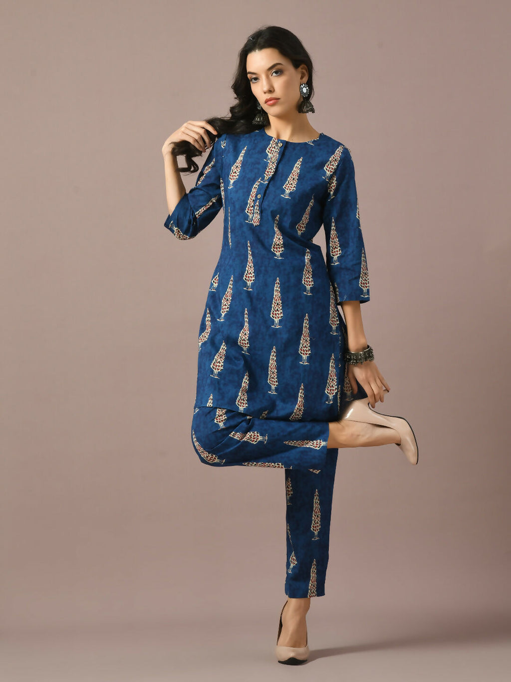 Myshka Women's Blue Printed Cotton Round Neck Party Tunic With Trousers Co-ord set