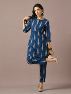 Myshka Women's Blue Printed Cotton Round Neck Party Tunic With Trousers Co-ord set