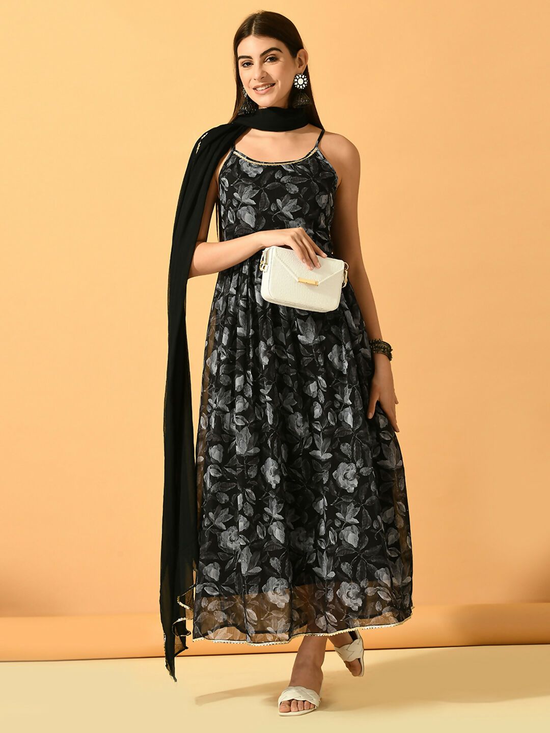 Myshka Women's Black Festive Flared Anarkali Kurta With Dupatta sets