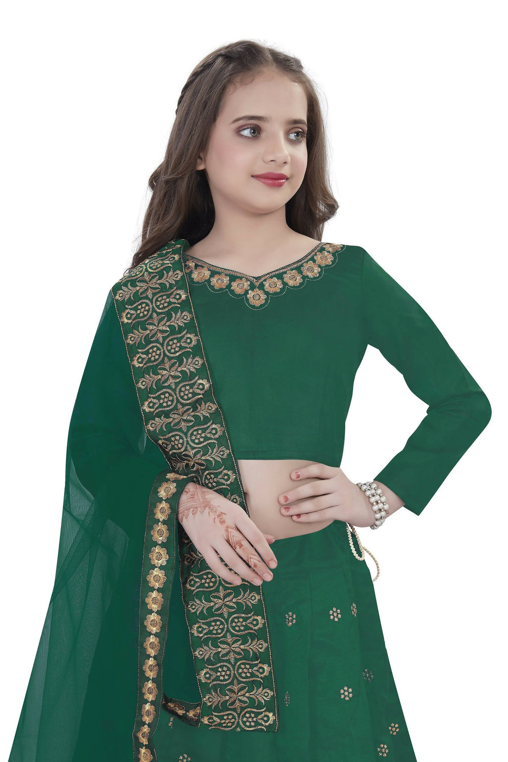 Dwiden Green Queen Tafetta Sattin Semi-Stitched Girl's Lehenga Choli