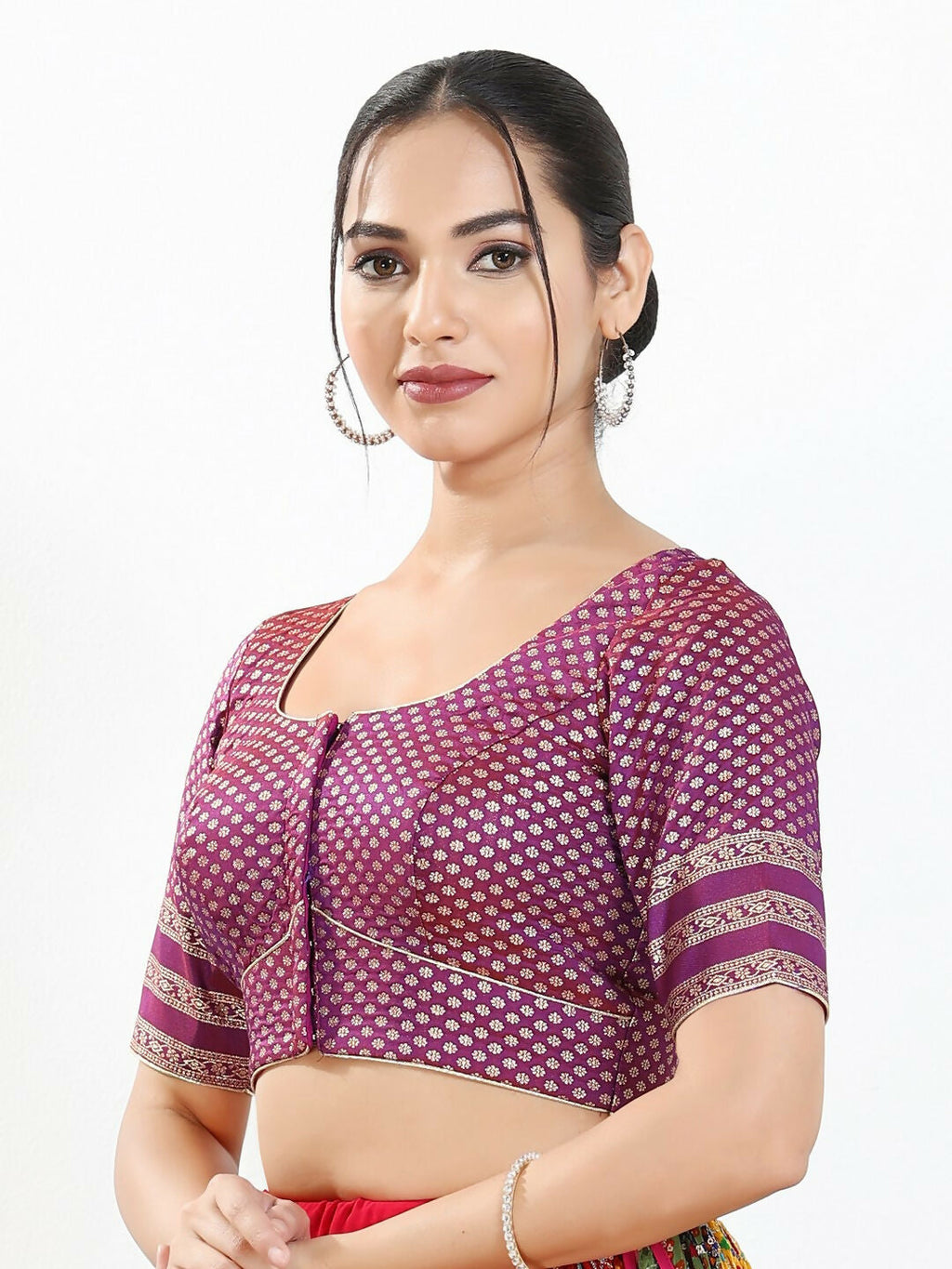 Joban Fashion Purple Brocade Padded Blouse With Round Neck Elbow Sleeves - Distacart