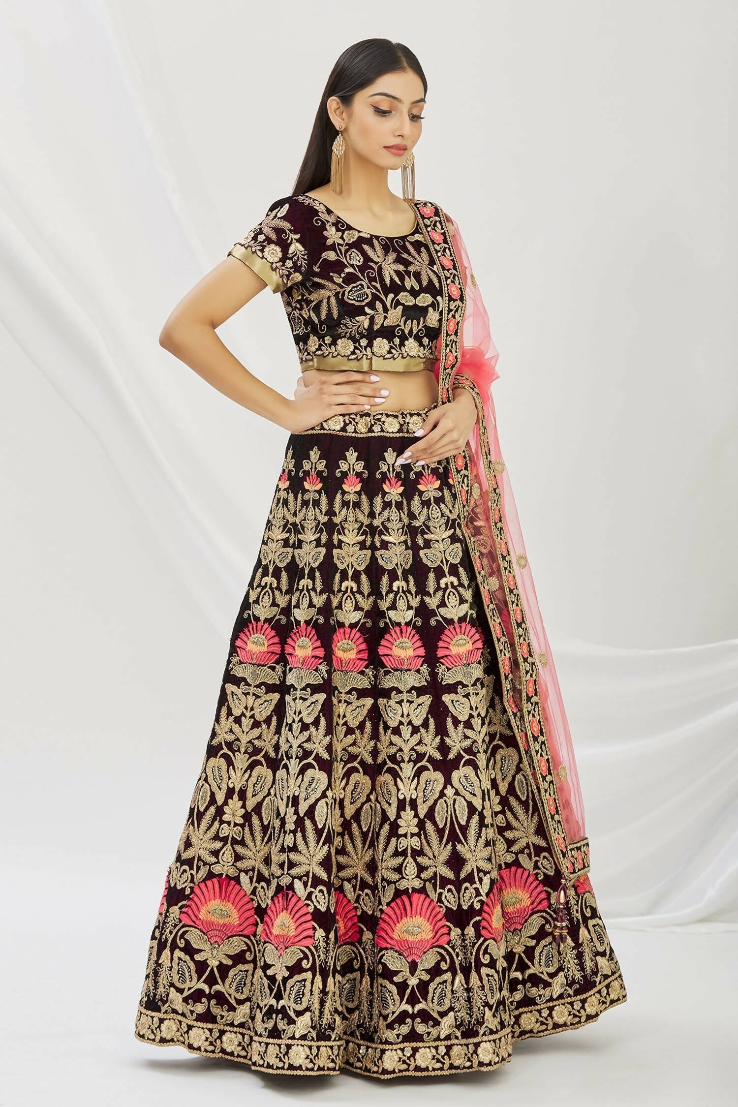 Purple Velvet Semi-Stitched Wedding Bridal Lehenga - Nimaya