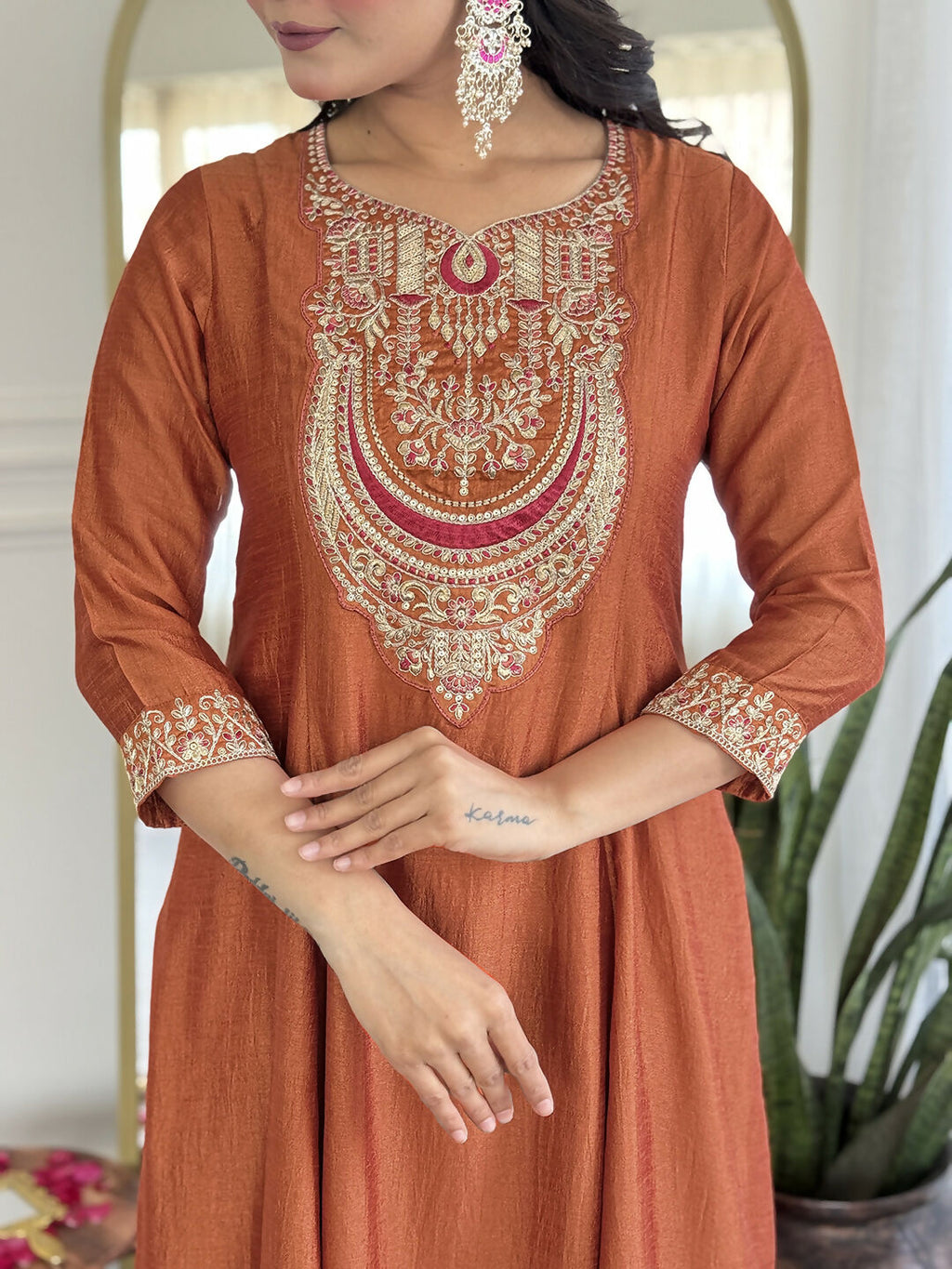 The52 Rust Women's Gorgeous Embroidered Vichitra Silk Fabric Flared Kurta, Pant and Dupatta Set - Distacart