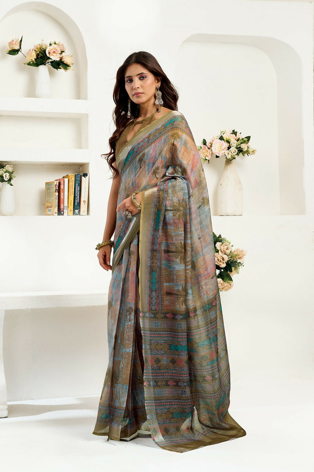 Joban Fashion Dusty Green Floral & Ethnic Motifs Linen Ready To Wear Saree With Unstitched Blouse - Distacart