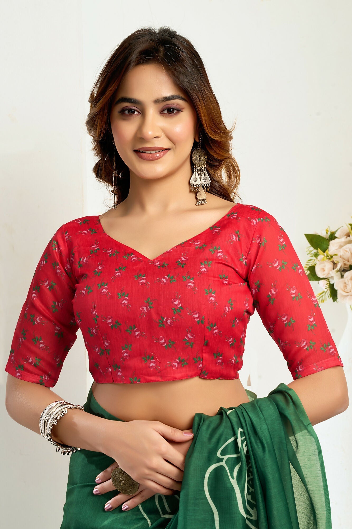 Vastranavya Green Digital Printed Linen Ready To Wear Designer Saree with Unstitched Blouse - Distacart