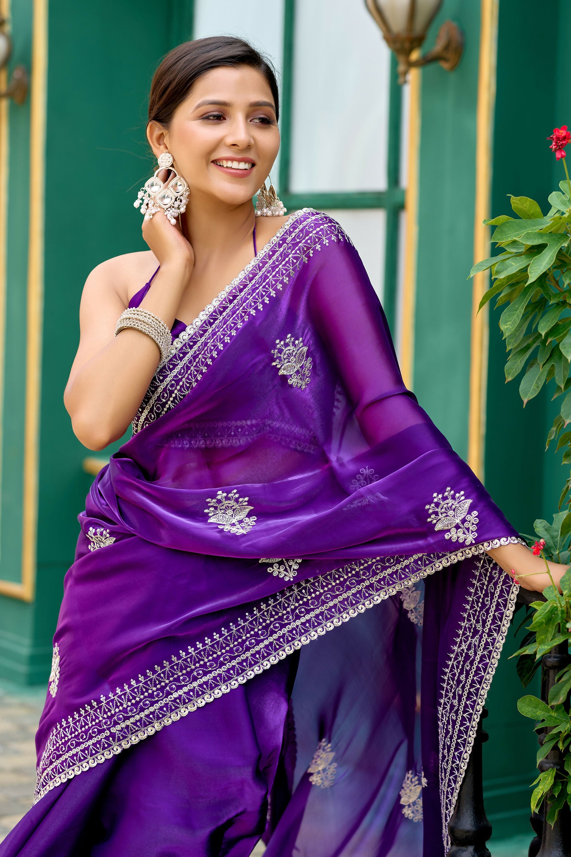 Vastranavya Purple-Blue Embroidery Work Shimmer Chiffon Saree with Unstitched Blouse - Distacart