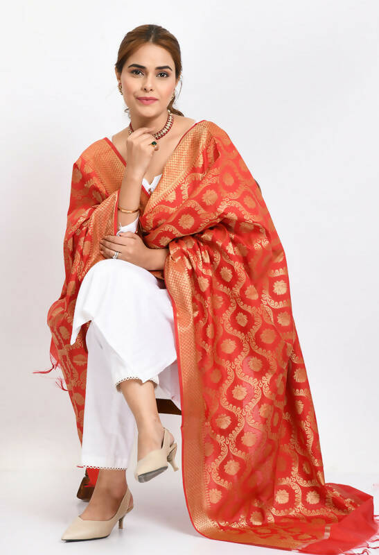 Mominos Fashion Moeza Women's Banarsi Silk All Over Woven Design Red Dupatta - Distacart