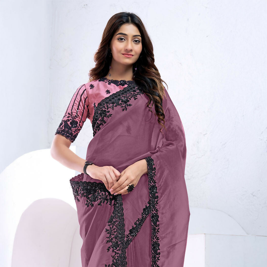 Dark Mauve Crush Pure Silk Sequence With Hand Work Saree With Unstitched Blouse - Norita Swaraa