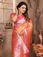 Anaita Orange kochi Silk With Beautiful Checks Weaving Saree With Blouse