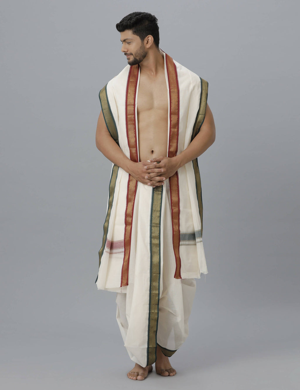 Indian Clothing Ramraj Cotton Mens Pure Cotton 5 Khan Jari 9 + 5 Kora Panchakacham Dhoti With Angavastram Set