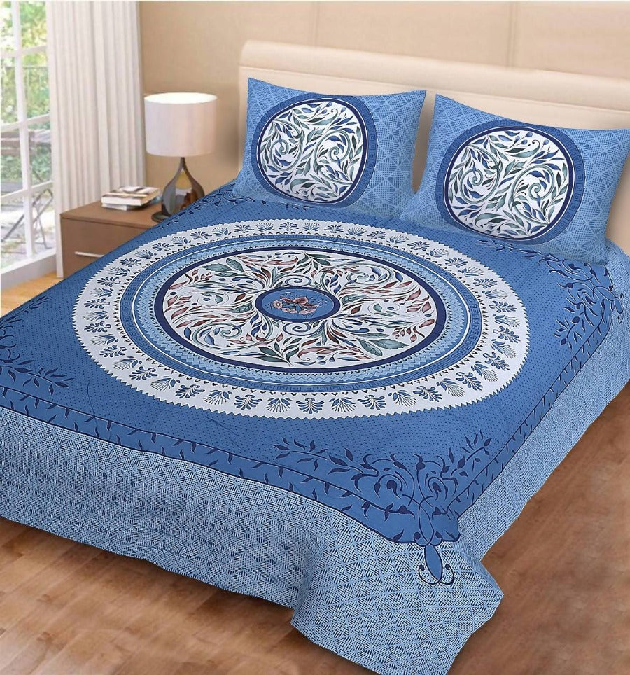 Vamika Printed Cotton Beautiful Blue & Multicolor Bedsheet With Pillow Covers (PM Circle Leaf Blue)