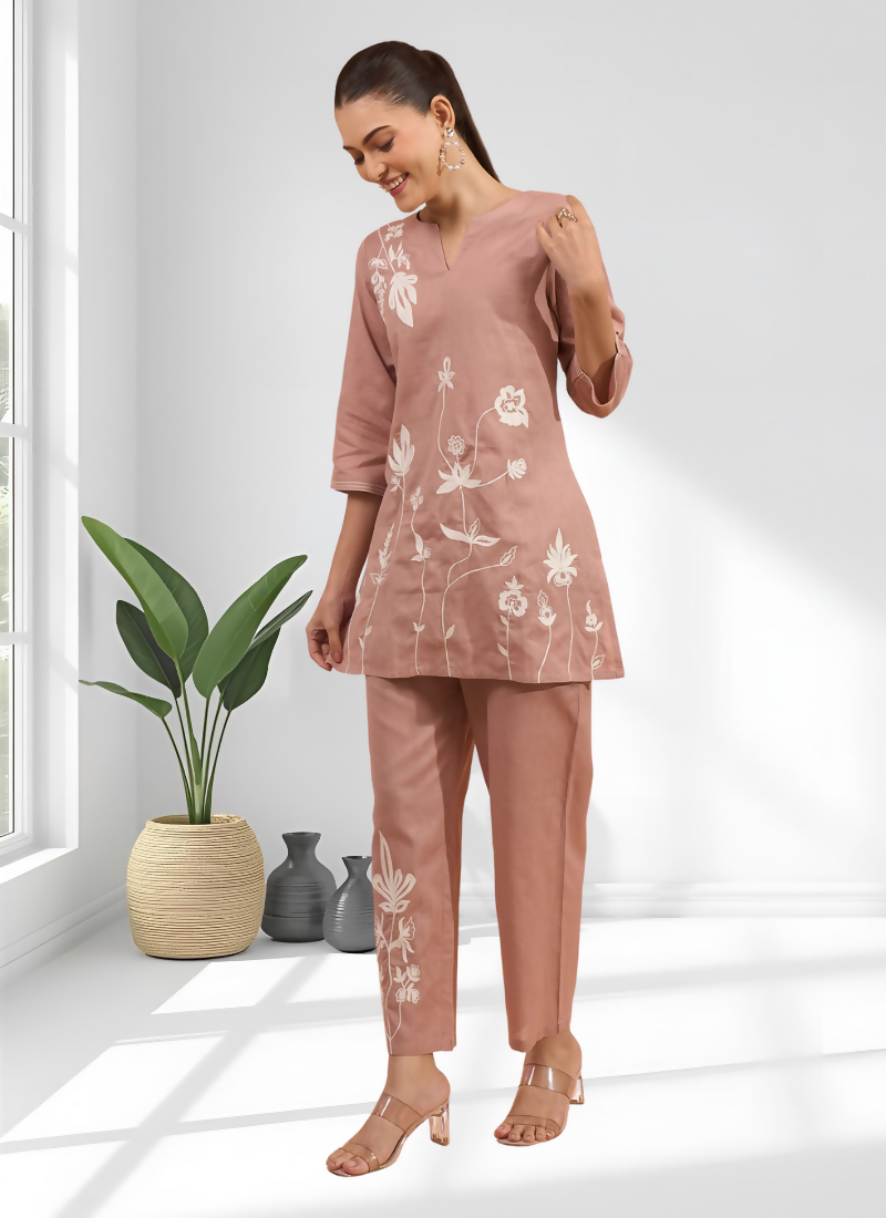 Joban Fashion Powder Pink Cotton, Linen Embroidered Readymade Cord Set - Distacart