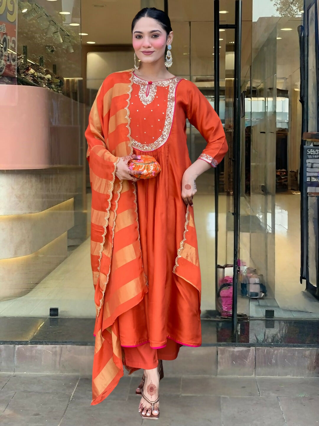 The52 Rust Women's Gorgeous Embroidered Work Chanderi Fabric Flared Kurta Pant and Dupatta Set - Distacart
