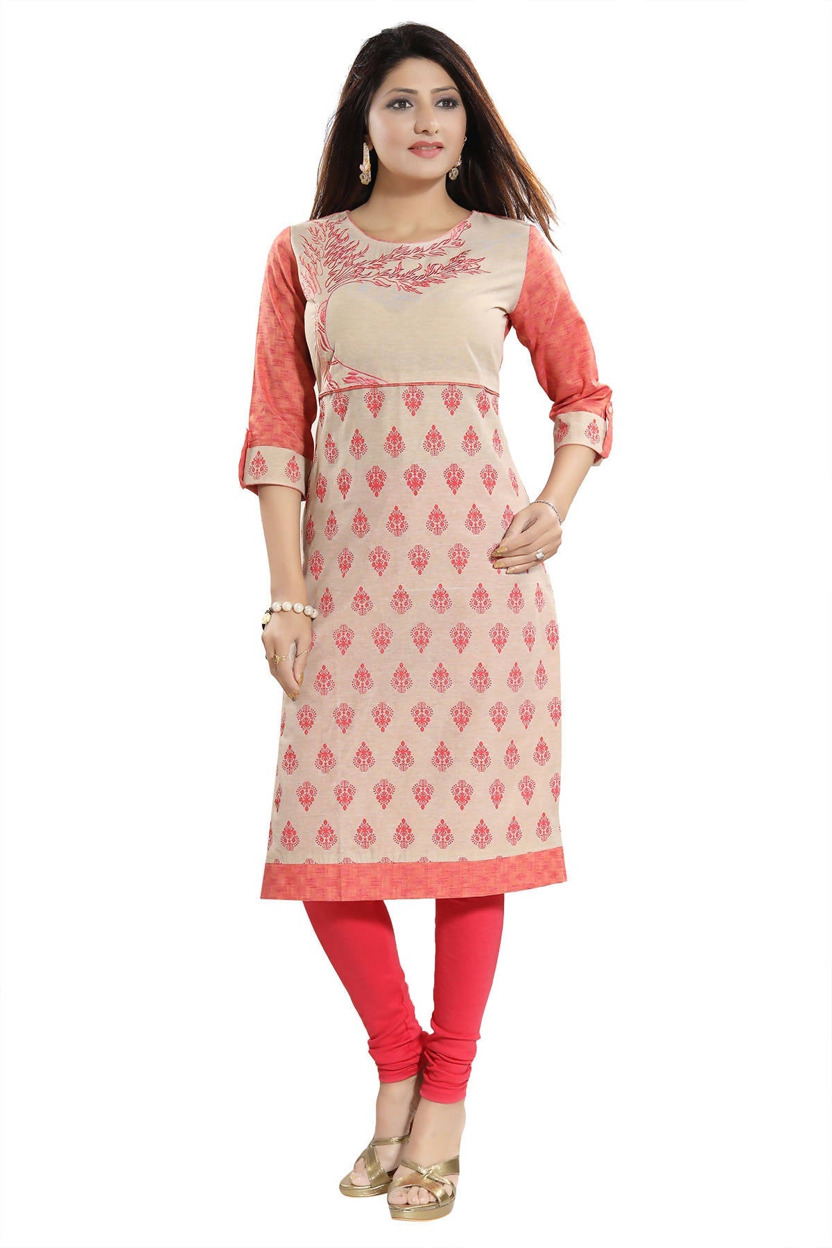 Snehal Creations Flamboyant Tomato And Beige Cotton Printed Tunic - Distacart