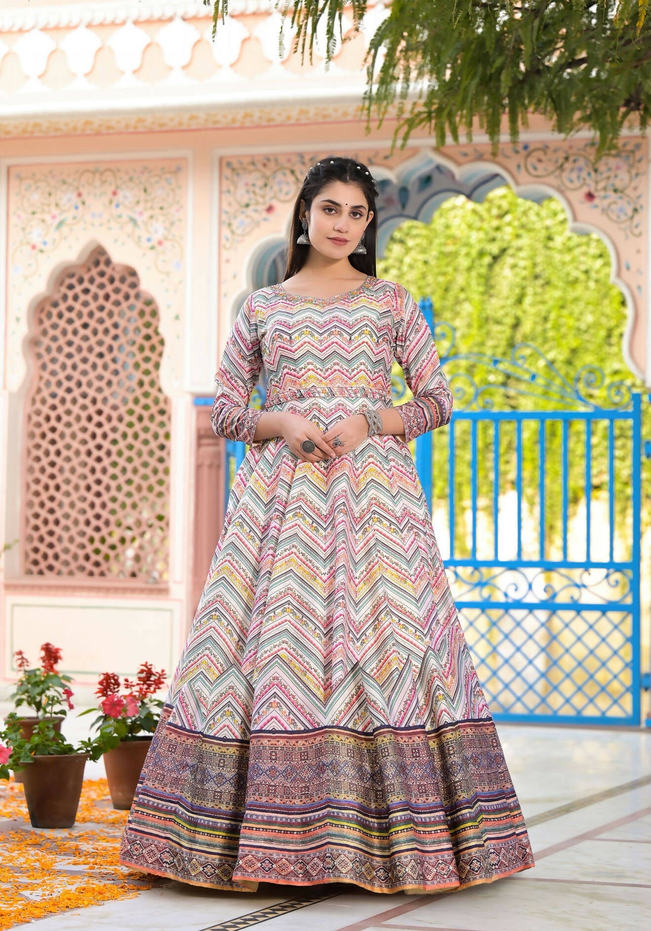 Functional Designer Off White-Muliti Dola Silk Anarkali suit with Dupatta - Ramya