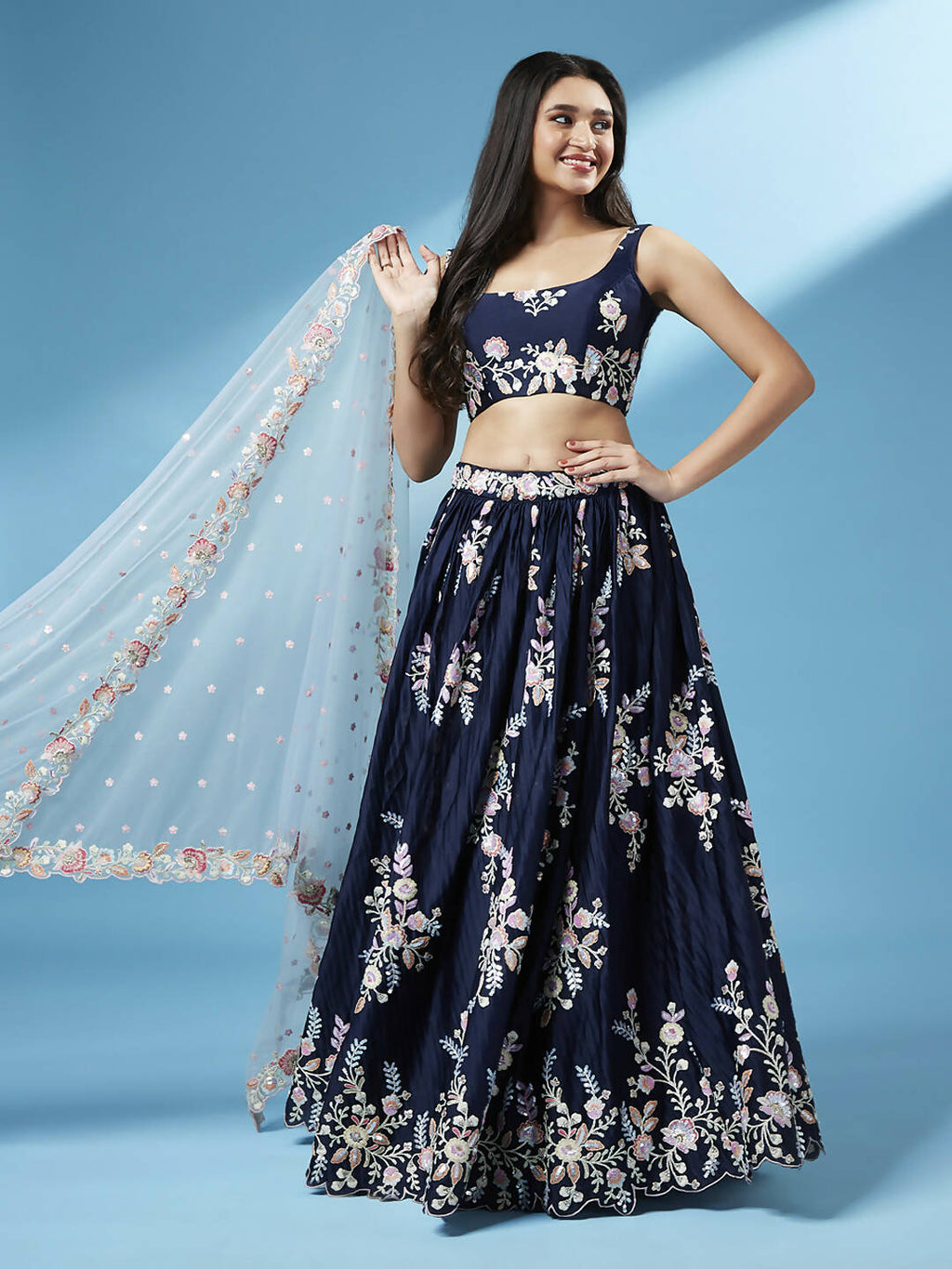 House of Panchhi Navy Blue Pure Georgette Thread & Sequinse Work Lehenga & Blouse, Dupatta