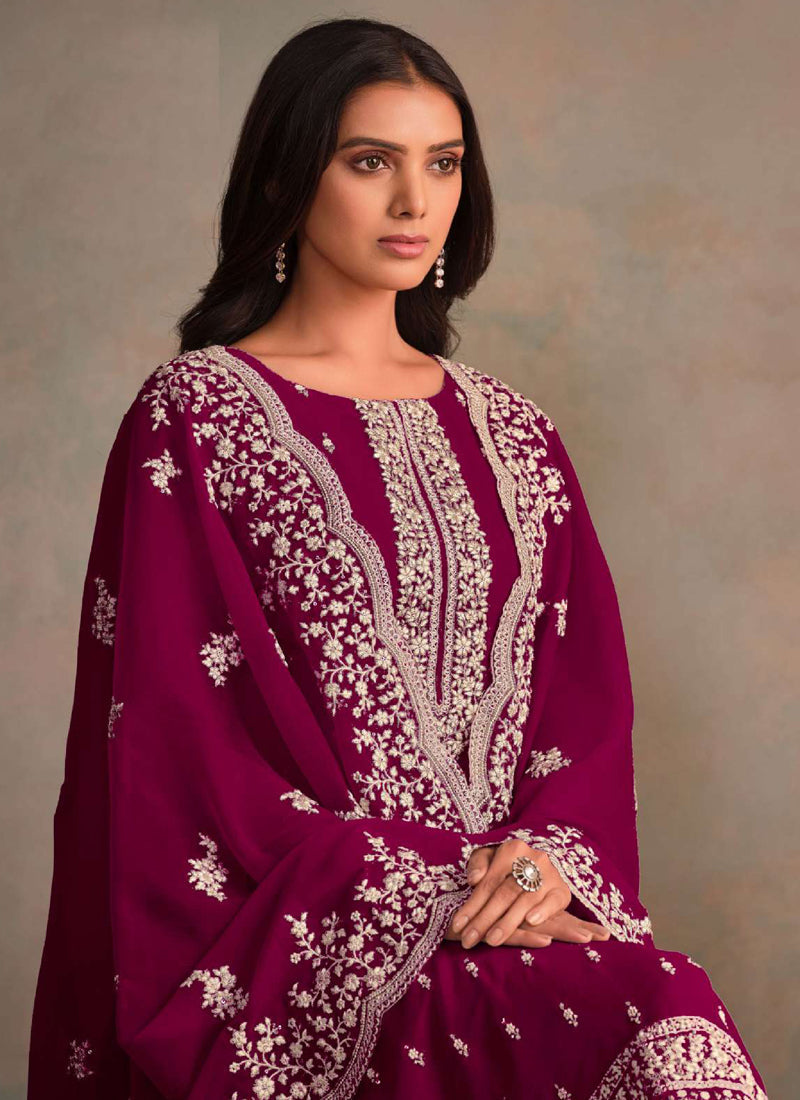 Vegaa Fashion Wine Organza Embroidery Work Designer Salwar Suit
