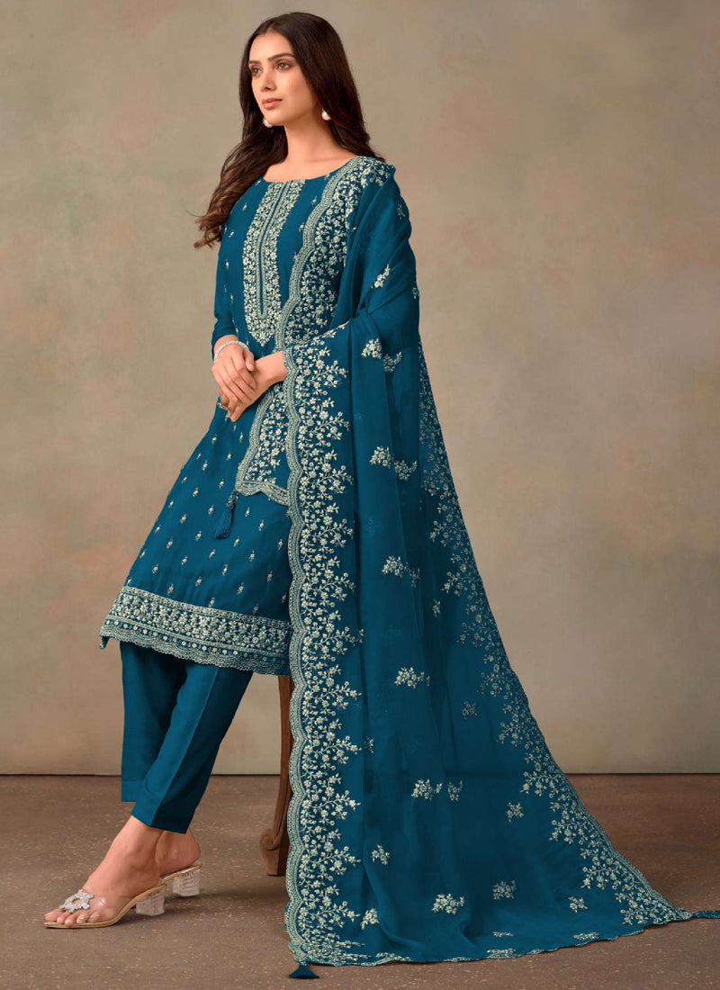 Vegaa Fashion Aqua Blue Organza Embroidery Work Designer Salwar Suit