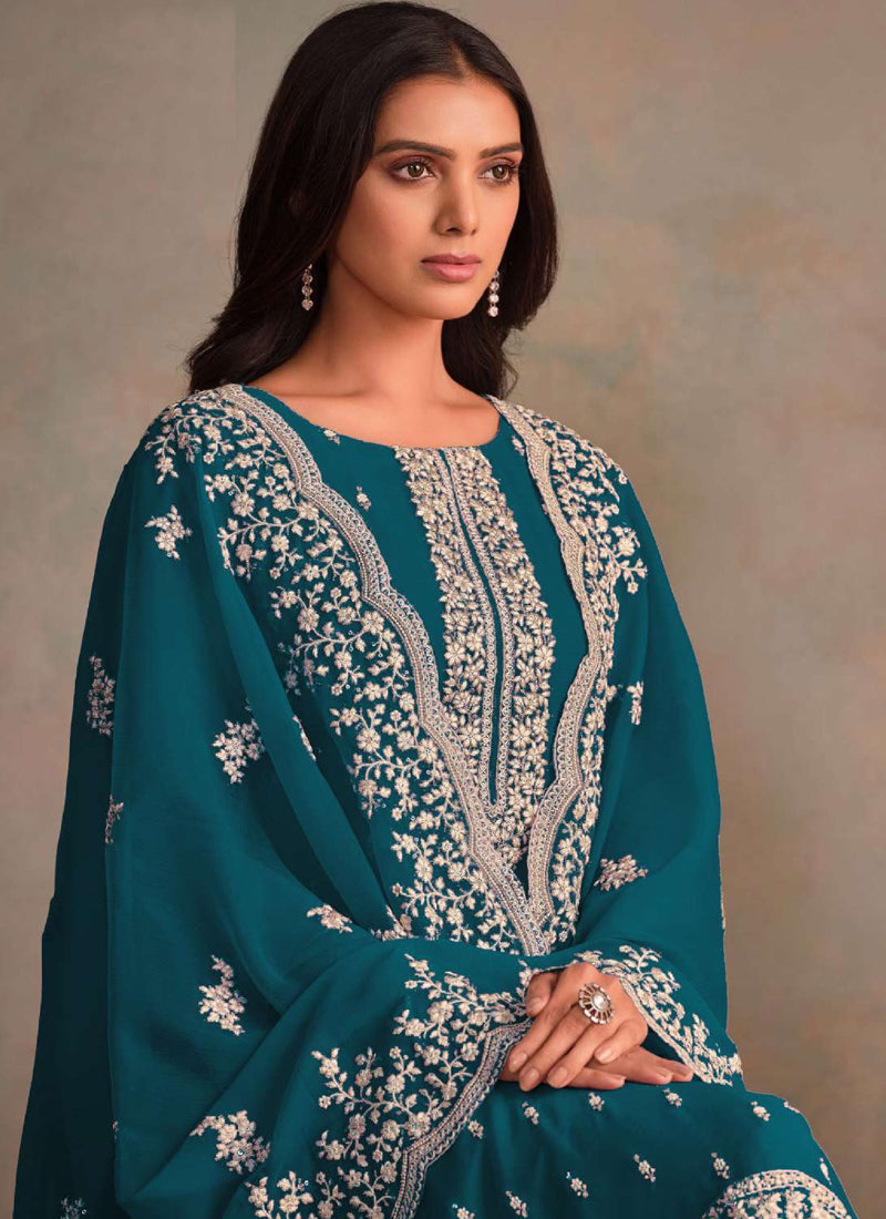 Vegaa Fashion Aqua Blue Organza Embroidery Work Designer Salwar Suit