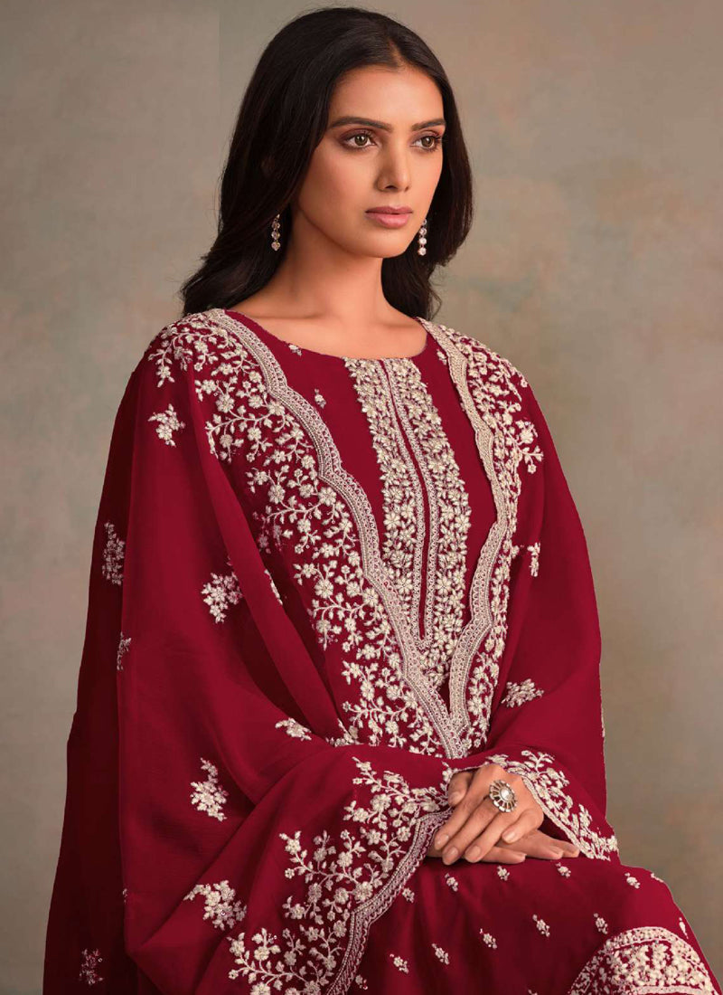 Vegaa Fashion Maroon Organza Embroidery Work Designer Salwar Suit