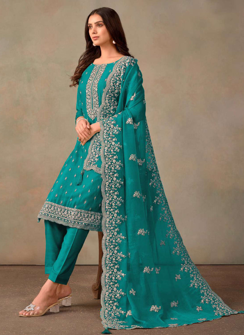 Vegaa Fashion Turquoise Organza Embroidery Work Designer Salwar Suit