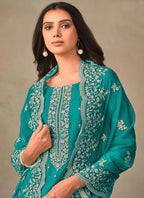 Vegaa Fashion Turquoise Organza Embroidery Work Designer Salwar Suit