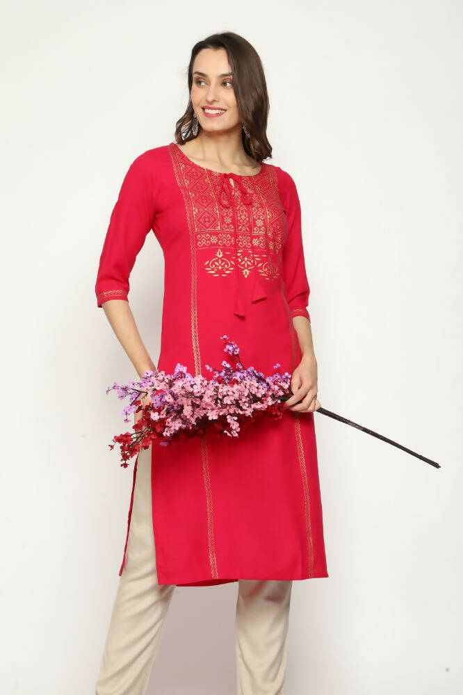 Maai Rayon Hand Printed Kurta Red - Distacart