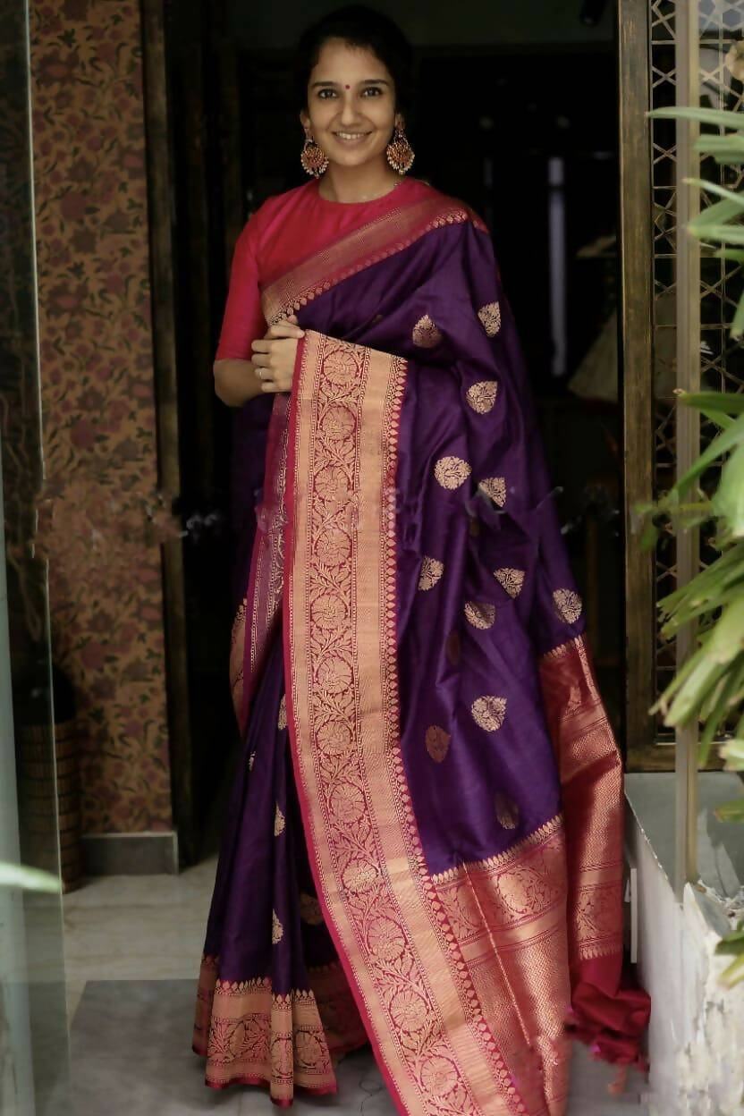 DEIANA'S Beautiful Designer Golden zari Soft Lichi Silk Saree - Purple