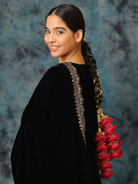 Ruby Raang Gold Gota Pati Work And Dark Pink Rosses With Black Thread & Golden Stones