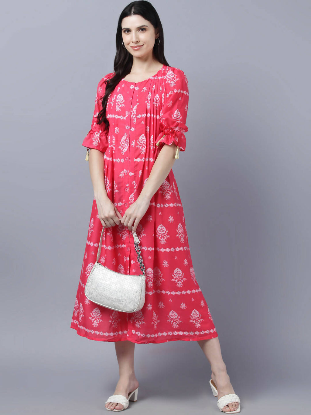 Myshka Women's Pink White Ethnic Motifs Printed Maxi Dress - Distacart