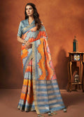 Orange & Blue Rangkat and Crepe Silk Floral Saree With Unstitched Blouse Piece - Mohmanthan Royal Saachi