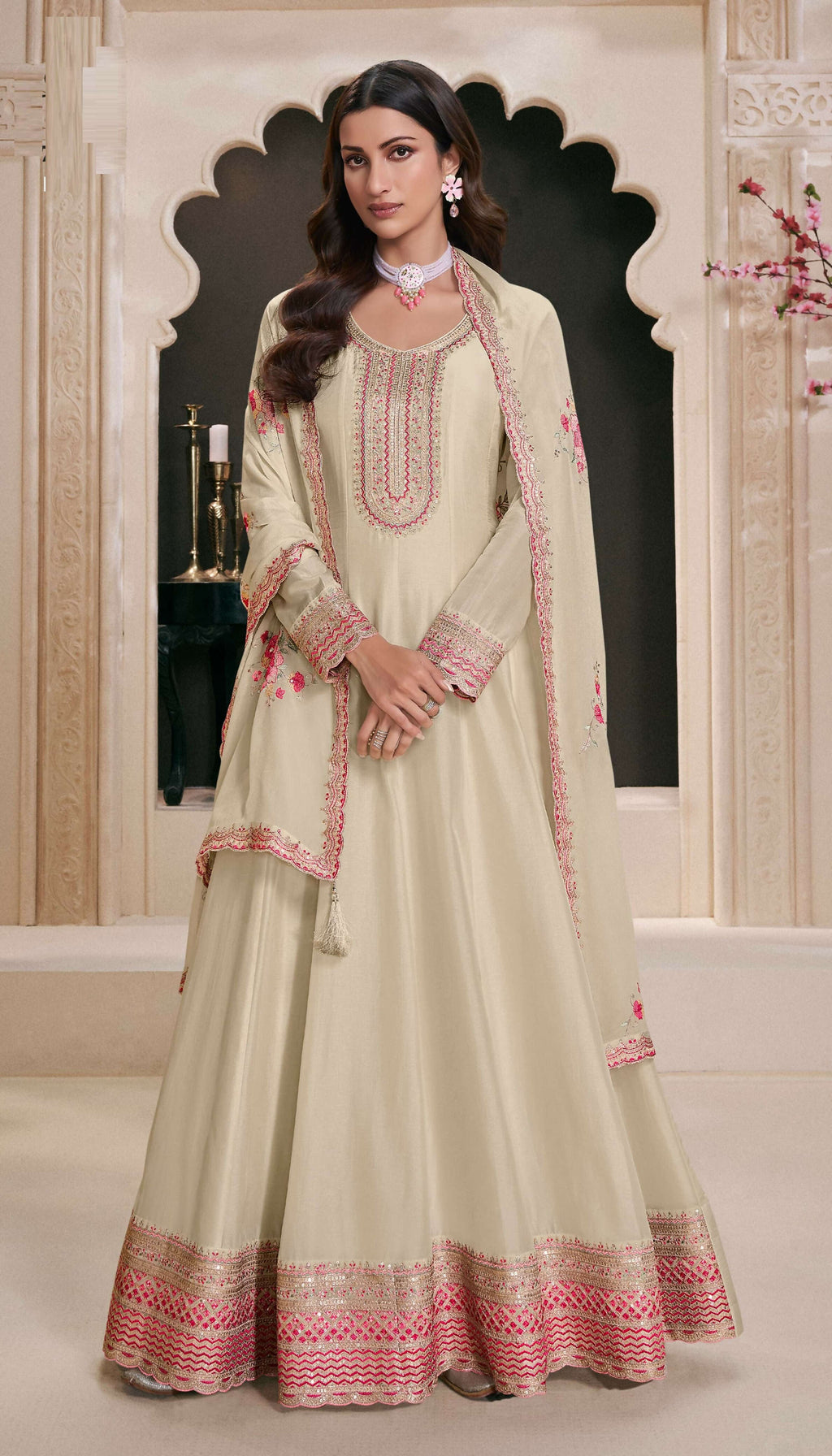 Anaita Cream Embroidered Work Silk Stitched Anarkali Suit - Distacart