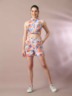 Myshka Women's Multi Printed Shirt Collar Party Top With Shorts Co-ord set