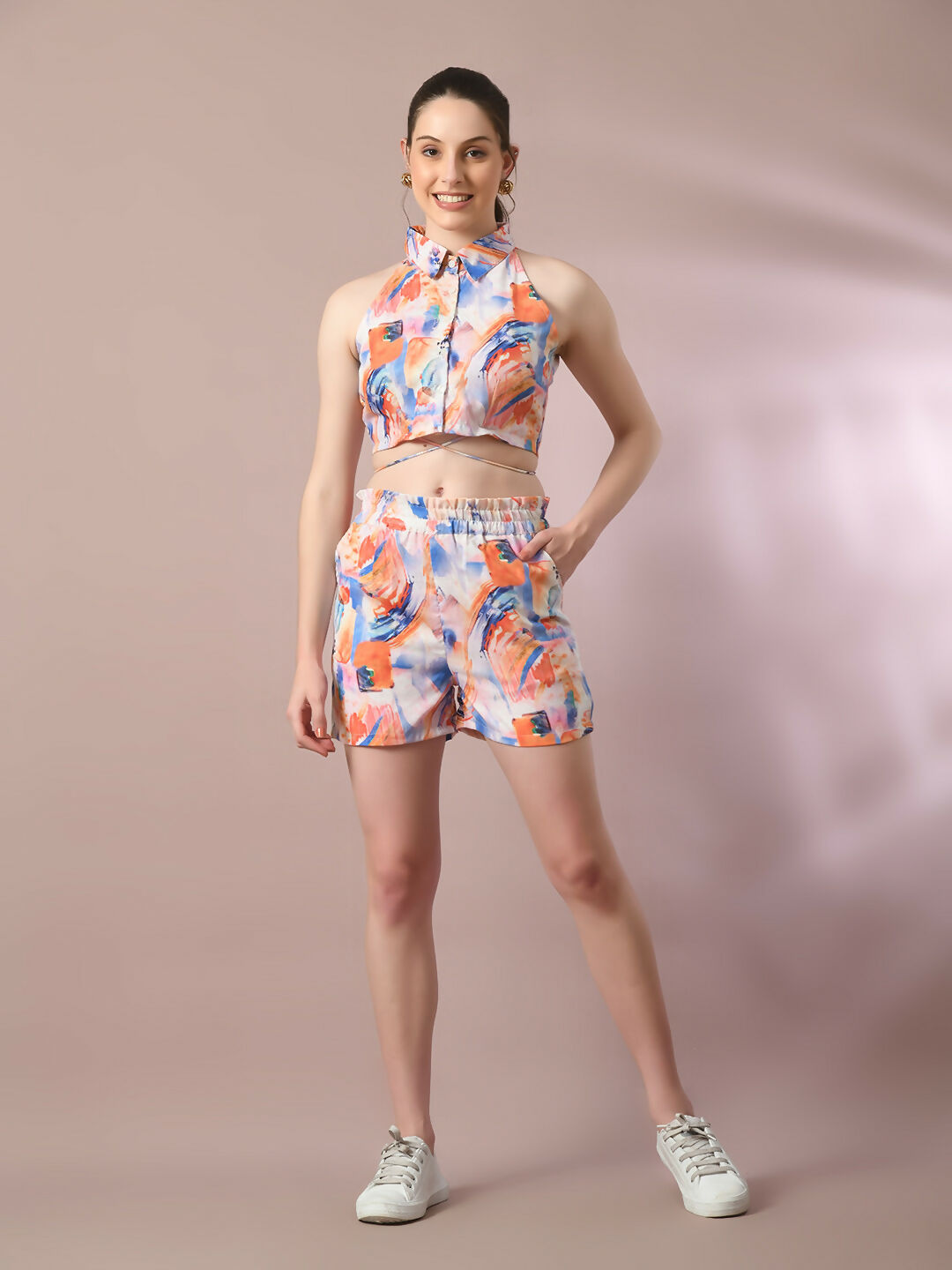 Myshka Women's Multi Printed Shirt Collar Party Top With Shorts Co-ord set