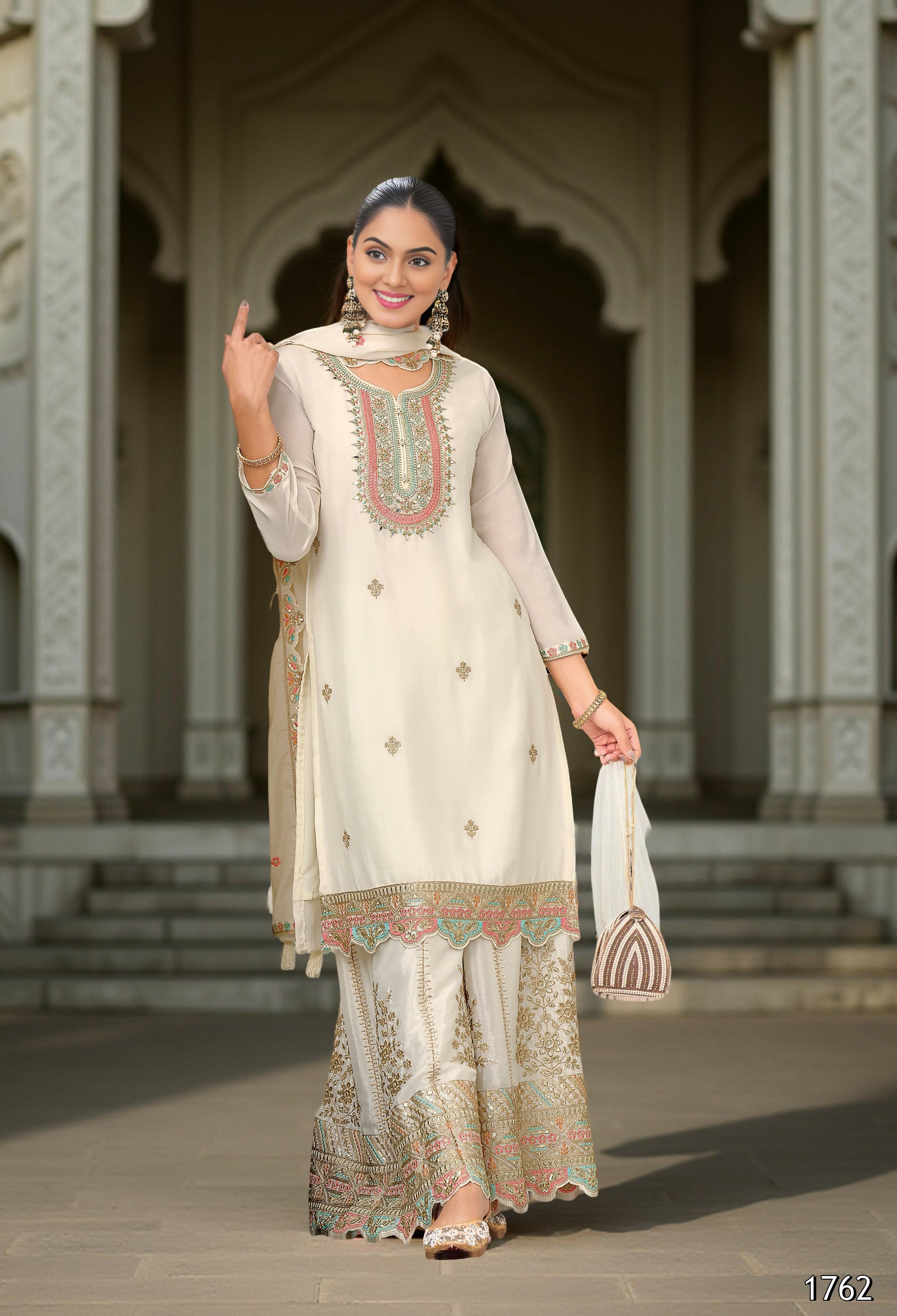 Ethnic Festive Wear White Primium Chinon Fabric Stitched Suit With Dupatta - Zeeya
