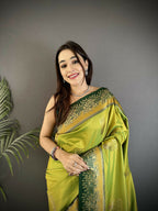 Joban Fashion Light Green Banarasi Soft Silk Peacock Butta Work Saree - Distacart