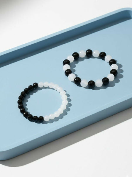 NVR Set of 2 Black & White crystal beaded Bracelet for Men & Women