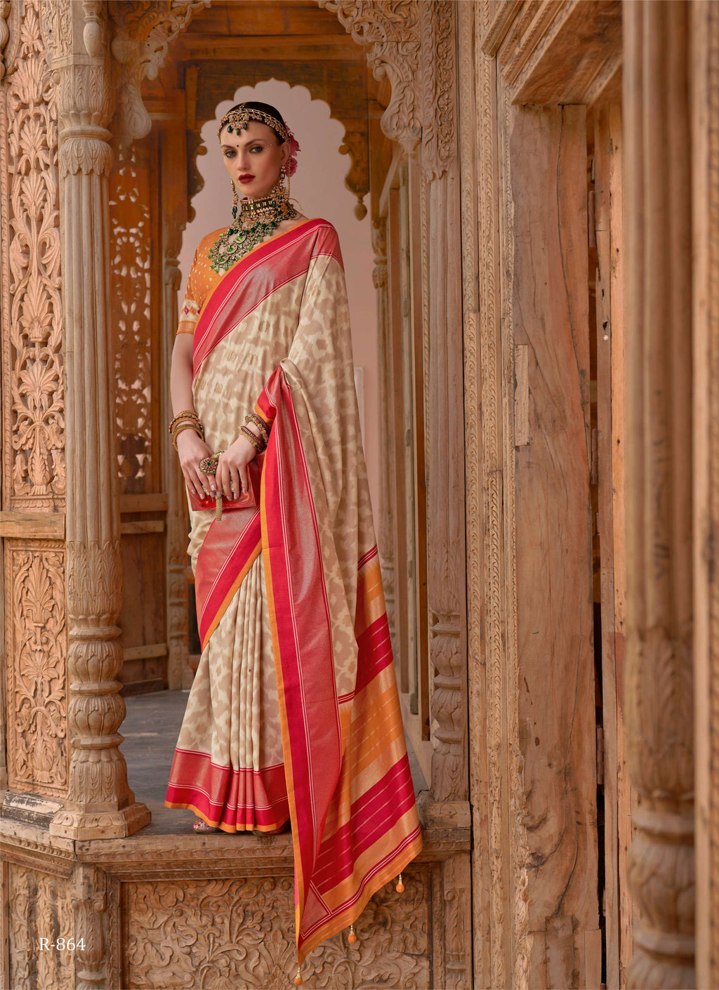 Cream Silk Abstract Printed Saree With Unstitched Blouse Piece - Aanchal