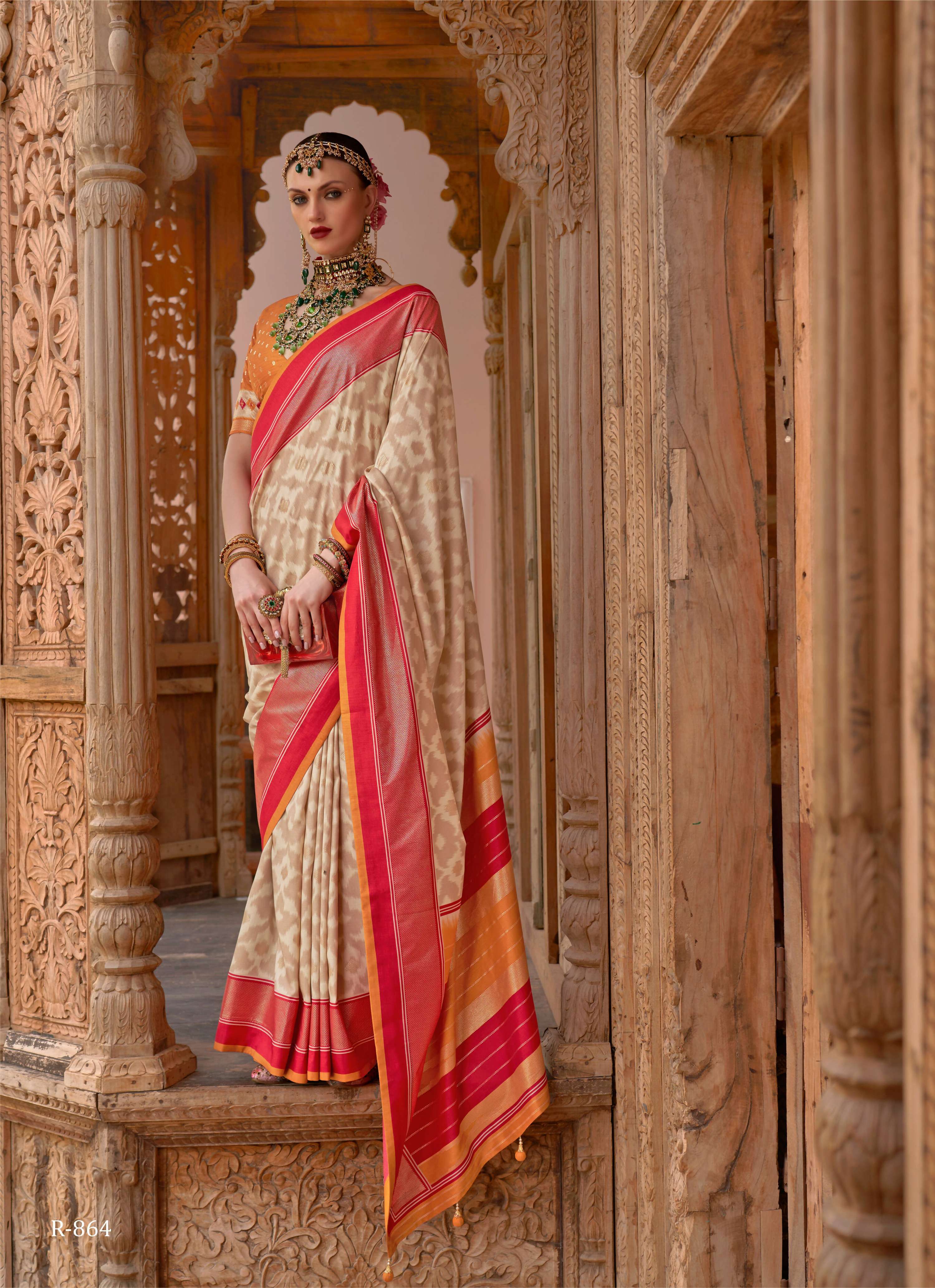 Cream Silk Abstract Printed Saree With Unstitched Blouse Piece - Aanchal