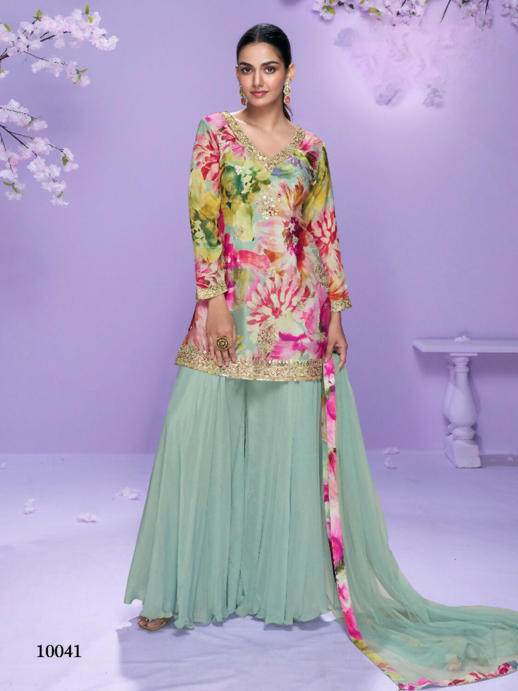 Anaita Sea Green Chinon Readymade Palazzo Suit with Digital Embroidery Work - Distacart